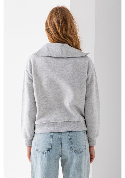 Kadın Yarım Fermuarlı Taşlı Kalp Nakışlı 3ip Sweatshirt Gri - 2665