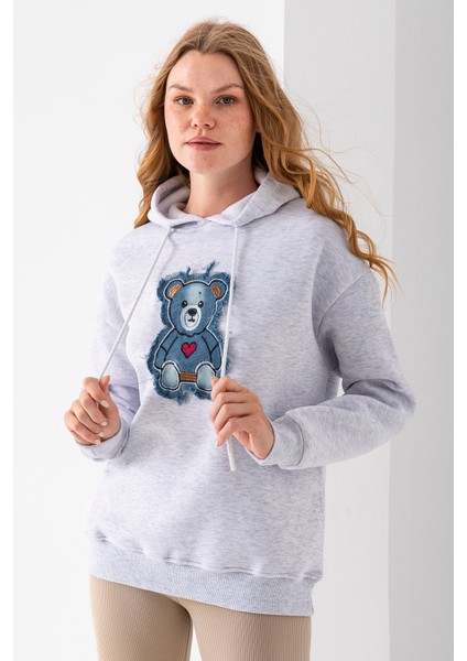 Kadın Kapüşonlu Kot Ayıcık Nakışlı 3ip Sweatshirt Gri - 2621