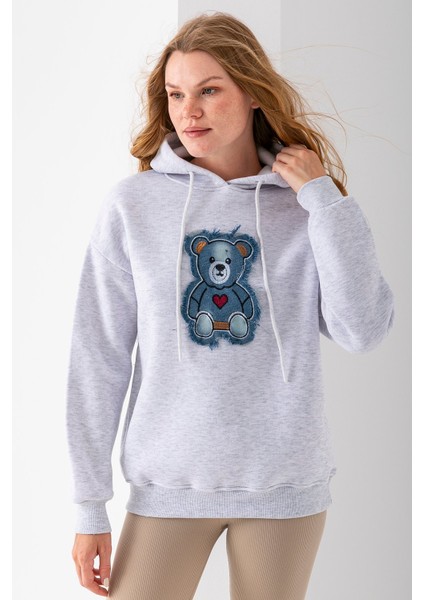 Kadın Kapüşonlu Kot Ayıcık Nakışlı 3ip Sweatshirt Gri - 2621 fırsatları