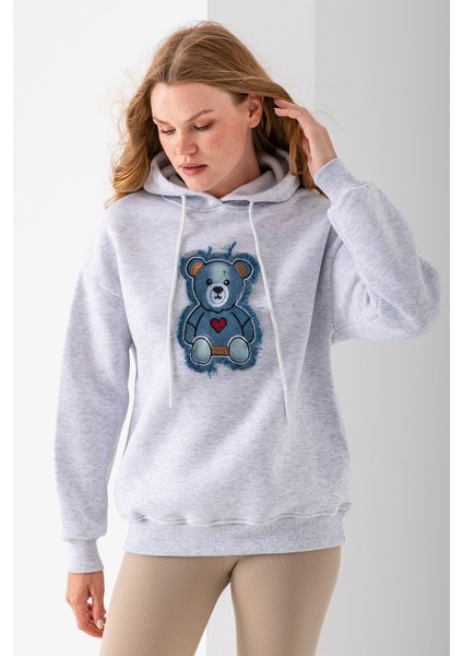 Kadın Kapüşonlu Kot Ayıcık Nakışlı 3ip Sweatshirt Gri - 2621 indirimleri