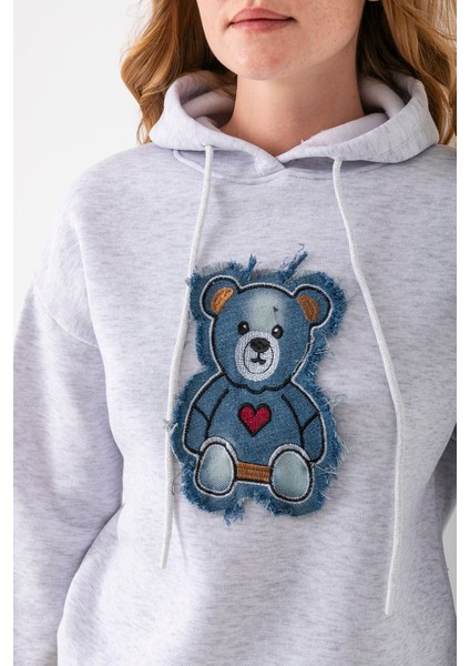 Kadın Kapüşonlu Kot Ayıcık Nakışlı 3ip Sweatshirt Gri - 2621