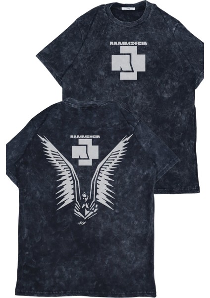 Unisex Rammstein Logo Sırt Baskılı Yıkamalı T-Shirt, Oversize Rock Band Temalı Retro Tişört