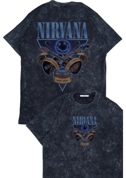 Unisex Nirvana Blue Sırt Baskılı Yıkamalı T-Shirt, Oversize Rock Band Temalı Retro Tişört
