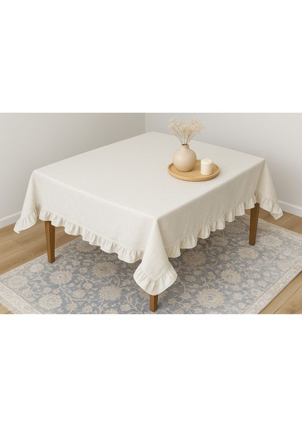 Bej %100 Ham Pamuklu Keten Fırfırlı Masa Örtüsü 160X220 Cm, Şık ve Doğal Görünüm