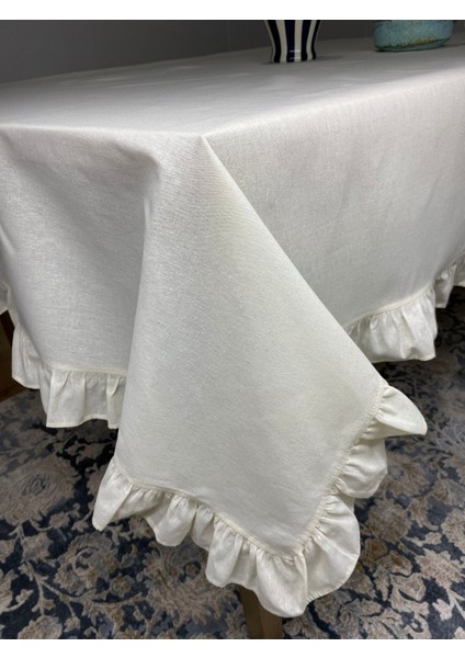 Bej %100 Ham Pamuklu Keten Fırfırlı Masa Örtüsü 160X220 Cm, Şık ve Doğal Görünüm fiyatları