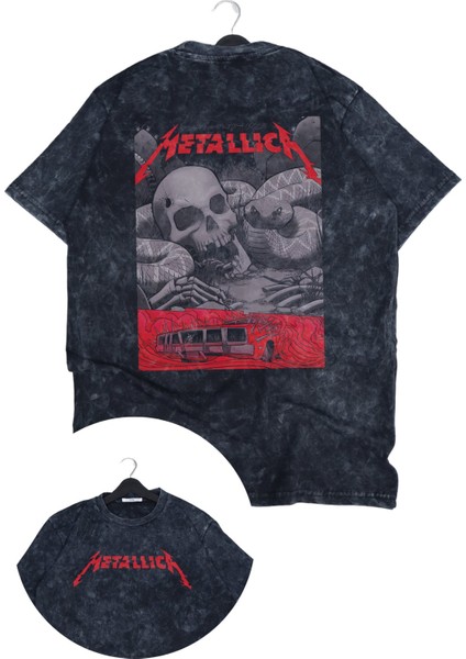 Unisex Metallica Snake And Skull Sırt Baskılı Yıkamalı T-Shirt, Oversize Rock Band Temalı Tişört