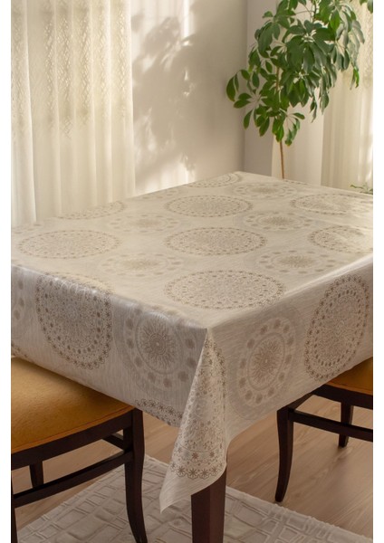 Astarlı ve Silinebilir Osmanlı Desenli Pvc Masa Örtüsü, Bej Renk, Hijyenik Kullanım
