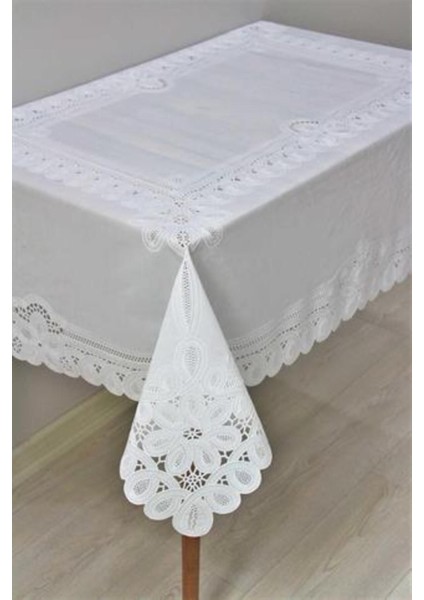 Beyaz Dantel Görünümlü Silinebilir Pvc Masa Örtüsü Zincirli