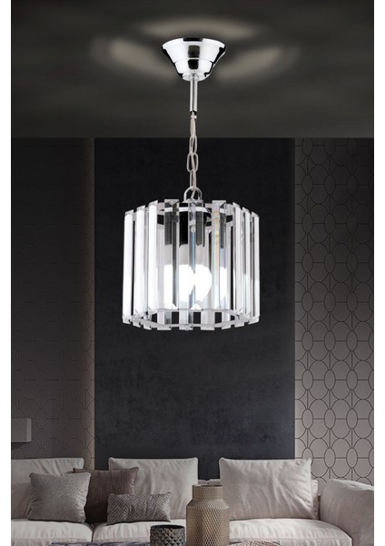 Altıgen Kristal Taşlı Sarkıt Gümüş Avize, 18CM, Salon, Mutfak, Hol, Oda Için Şık Aydınlatma