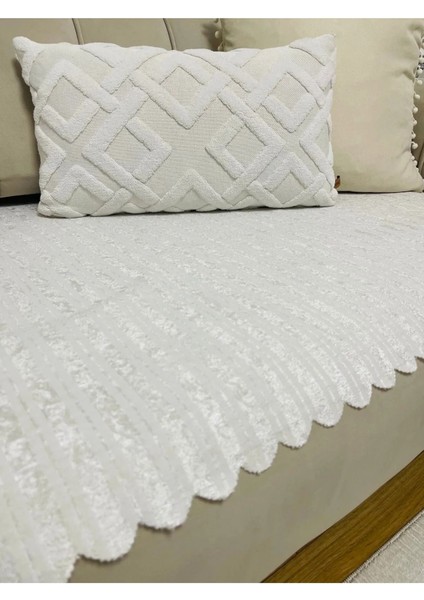 Bambu Çizgili Kadife Kaymaz Koltuk Örtüsü, Beyaz, Süngerli, Şık ve Rahat Kullanım