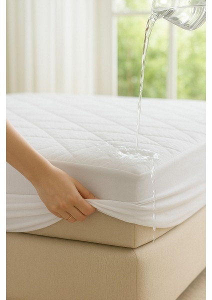 Pamuklu Kapitone Fitted Yatak Koruyucu, Sıvı Geçirmez, Beyaz, Full Kenar