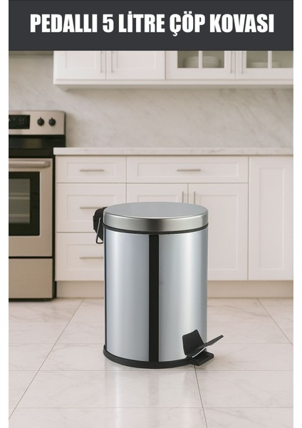 Gri 5 Lt Paslanmaz Metal Pedallı Çöp Kovası, Dayanıklı ve Şık Tasarım