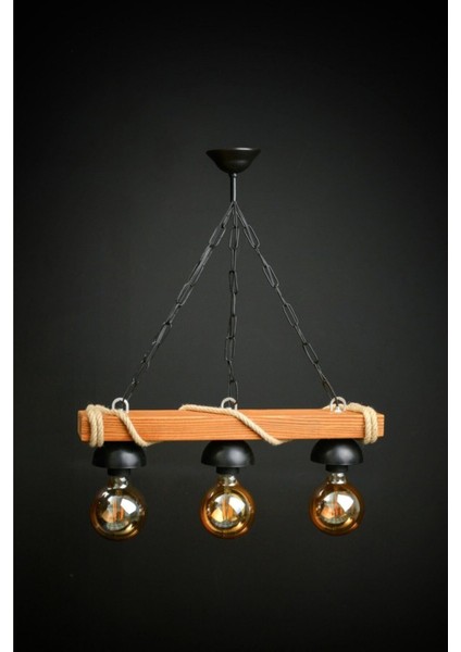 Doğal Ahşap Rustik 3'lü Kütük ve Halatlı Şapkalı Avize, Sıcak Atmosfer