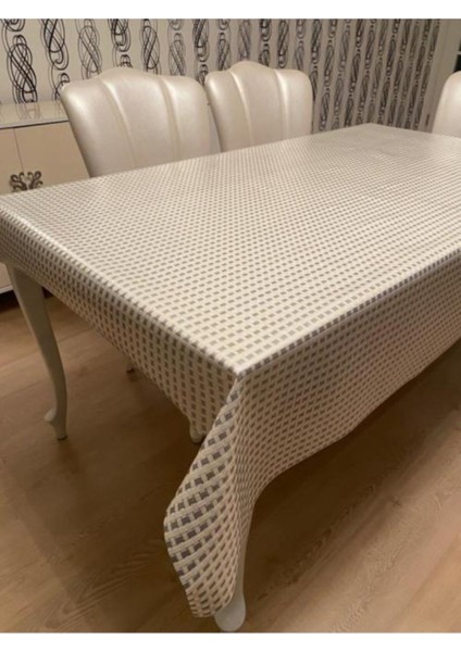Şeffaf Kaplamalı Hasır Desenli Krem Pvc Masa Örtüsü, Şık ve Dayanıklı.
