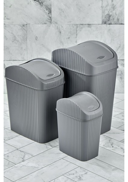 Modern 3'lü Kapaklı Çöp Kovası Seti, Farklı Boyutlar, Şık Gri Renkli