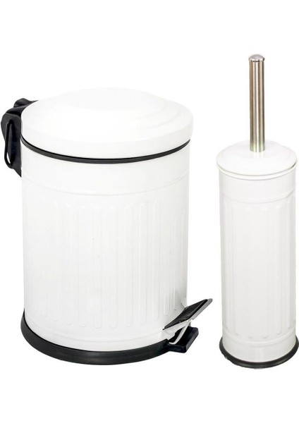 Beyaz Çizgili 2'li Çöp Kutusu ve Wc Fırçası Seti, 5 Litre, Banyo Takımı