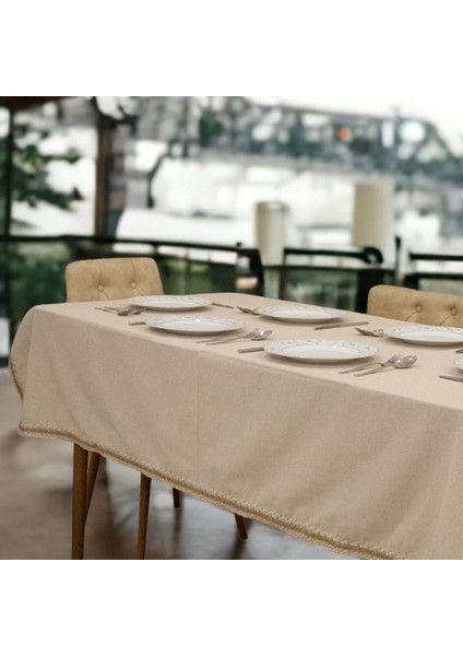 Bej Pamuk Keten Jüt Dantelli Şık Masa Örtüsü modelleri