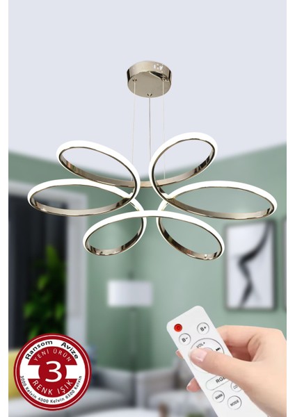 3 Renk Kumandalı Büyük Salon ve Oda Avizesi, Krom Ledli, Papatya Tasarım