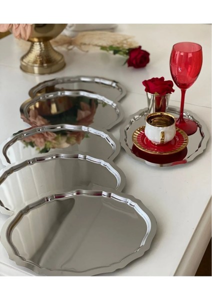 Paslanmaz Çelik Oval Tepsi 20-25CM, 6'lı, Çay Kahve Sunum, Nişan, Ikram, Yüzük Için