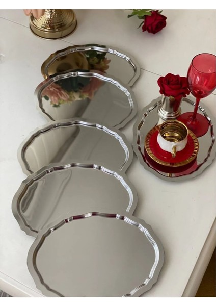 Paslanmaz Çelik Oval Tepsi 20-25CM, 6'lı, Çay Kahve Sunum, Nişan, Ikram, Yüzük Için modelleri