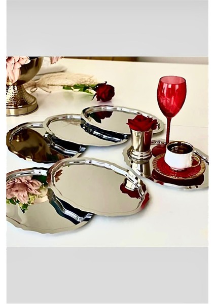 Paslanmaz Çelik Oval Tepsi 20-25CM, 6'lı, Çay Kahve Sunum, Nişan, Ikram, Yüzük Için fırsatları