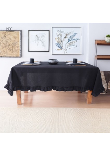 Şık Siyah Keten Firfirli Masa Örtüsü, Modern ve Zarif Tasarım