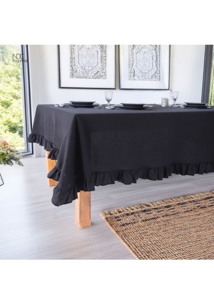 Şık Siyah Keten Firfirli Masa Örtüsü, Modern ve Zarif Tasarım fiyatları