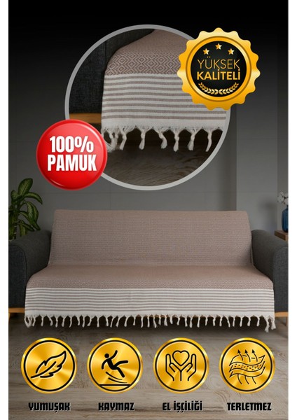 Pamuklu Saçaklı Koltuk ve Çekyat Örtüsü, 180X210 Cm, Kahverengi Güzellik