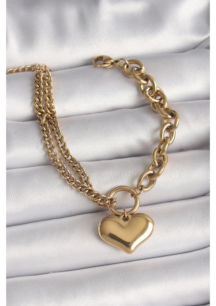 Bfs 316L Çelik Gold Renk 2'li Zincir Model Kalp Figür Kadın Bileklik