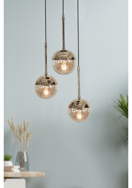 Şık 3’lü Altın ve Siyah Metal Gövde Bal Renkli Camlı Lüx Sarkıt Avize