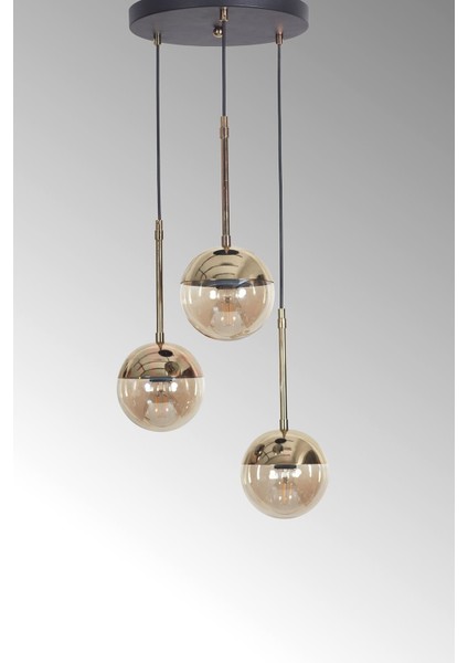 Şık 3’lü Altın ve Siyah Metal Gövde Bal Renkli Camlı Lüx Sarkıt Avize modelleri