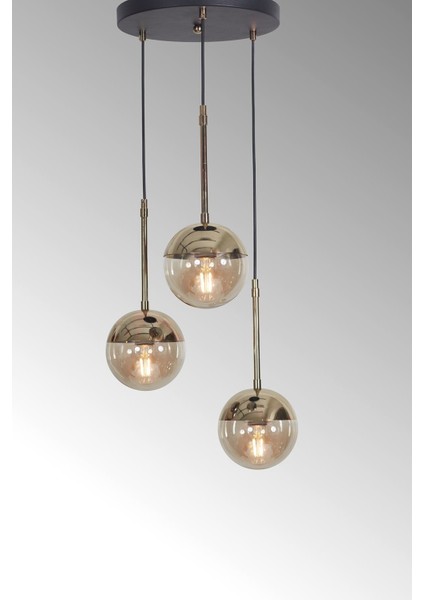 Şık 3’lü Altın ve Siyah Metal Gövde Bal Renkli Camlı Lüx Sarkıt Avize indirimleri