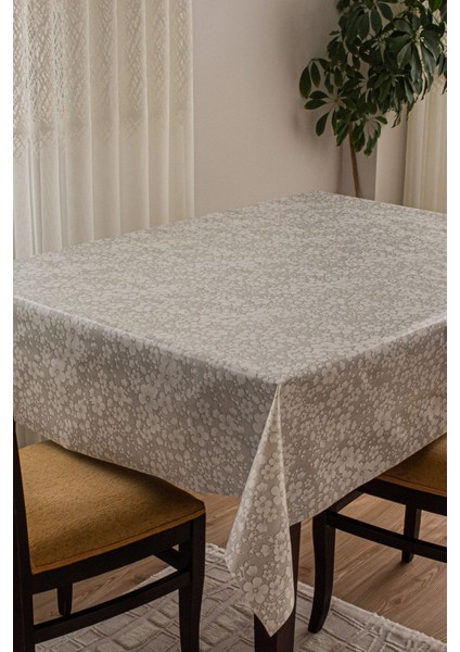 Astarlı Silinebilir Çiçek Desenli Pvc Masa Örtüsü, Gri, Dayanıklı ve Pratik Tasarım