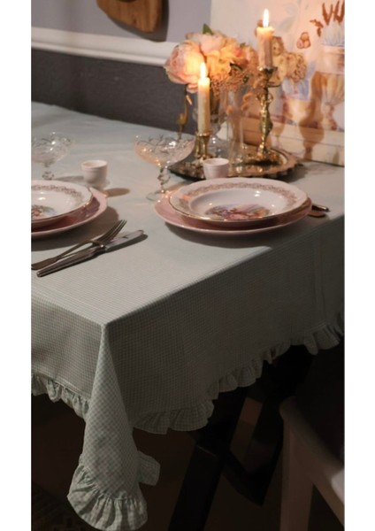 Mint Yeşili Pötikare Masa Örtüsü, Fırfırlı ve Vintage Şıklığında 150X120 Ölçü. modelleri