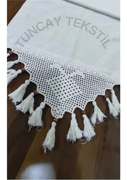 El Dantelli Püsküllü Keten Masa Örtüsü, Buldan Işili Bej Şömen