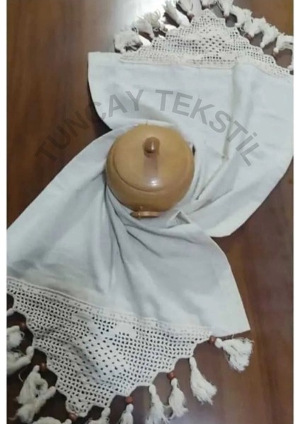 El Dantelli Püsküllü Keten Masa Örtüsü, Buldan Işili Bej Şömen fırsatları