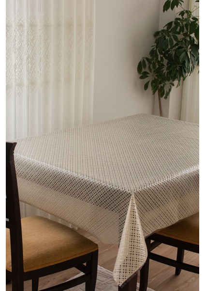 Şeffaf, Silinebilir, Hasır Desenli, Hijyenik Pvc Masa Örtüsü, Bej Renk