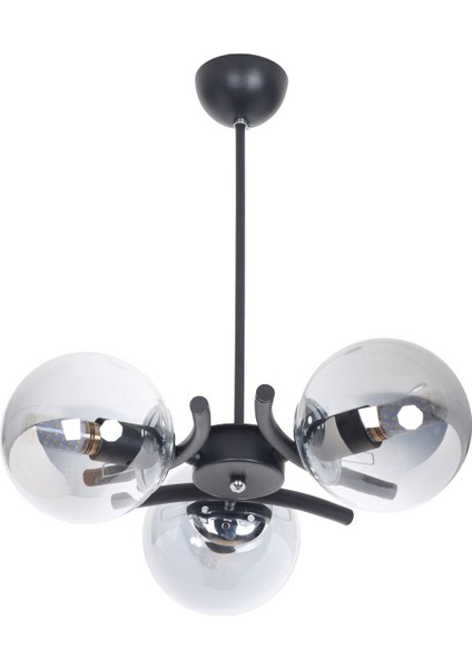 Şık Siyah Krom 3 Füme Camlı Modern Avize