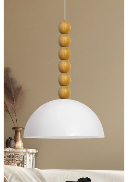 Beyaz Ahşap Boncuklu Sarkıt Avize, Modern ve Şık Dekoratif Aydınlatma