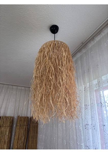 Haki Renkli Doğal Rafya Püsküllü Dekoratif Avize, Şık ve Doğal Görünüm