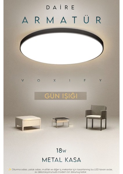 Siyah Yuvarlak LED Tavan Armatürü, 18W, Sarı Işık, Modern Aydınlatma.