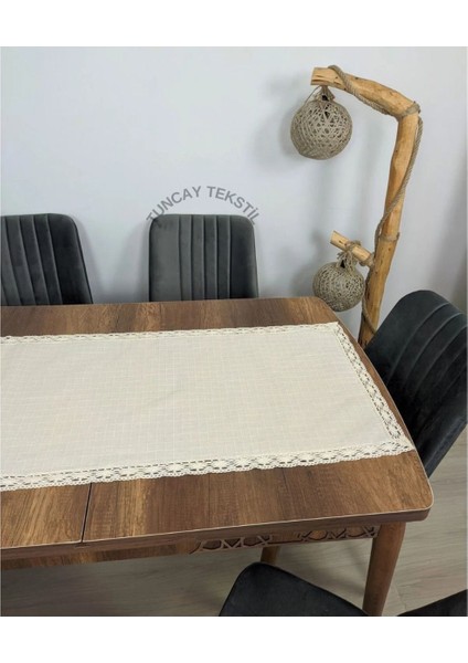 Bej Dantelli Runner, Pamuklu Keten Masaya Şık Dikdörtgen Örtü modelleri