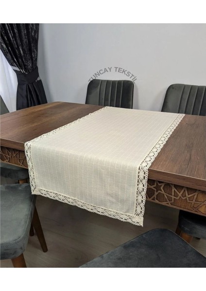 Bej Dantelli Runner, Pamuklu Keten Masaya Şık Dikdörtgen Örtü fırsatları
