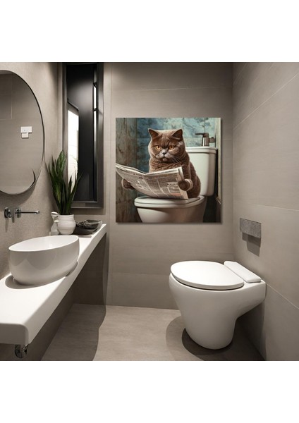 Gri British Kedi Temalı Tekli Kare Kanvas Banyo Tablosu, Şık ve Modern Dekorasyon.