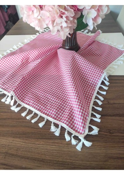 Kareli Püsküllü Masa Örtüsü, 85X85 Cm, Canlı Kırmızı Renk