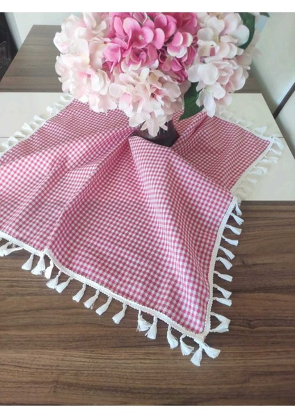 Kareli Püsküllü Masa Örtüsü, 85X85 Cm, Canlı Kırmızı Renk fiyatları