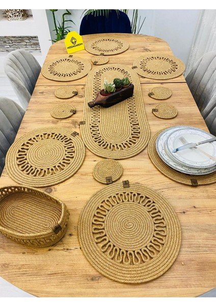 Haki Hasır Jüt Sunum Tabak Altlığı Seti, Supla, Runner, Sepet ve Bardaklık 14'lü