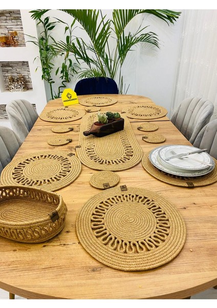 Haki Hasır Jüt Sunum Tabak Altlığı Seti, Supla, Runner, Sepet ve Bardaklık 14'lü fiyatları