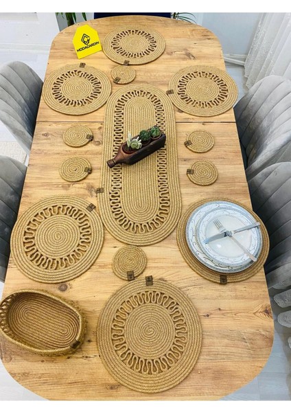 Haki Hasır Jüt Sunum Tabak Altlığı Seti, Supla, Runner, Sepet ve Bardaklık 14'lü fırsatları