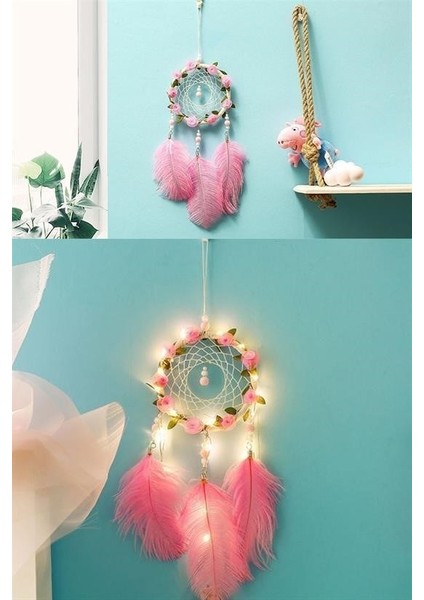 El Yapımı Kuş Tüyü ve LED Işıklı Dekoratif Asma Düş Rüya Kapanı